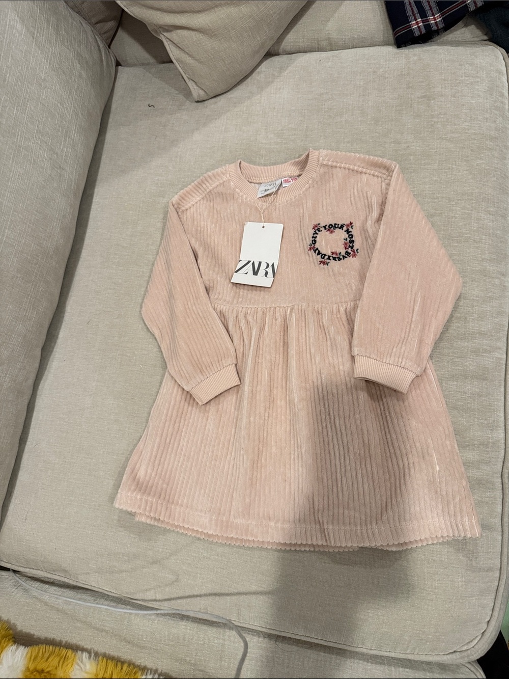 ZARA Kids Pale Pink Corduroy Dress with Floral Embroidery